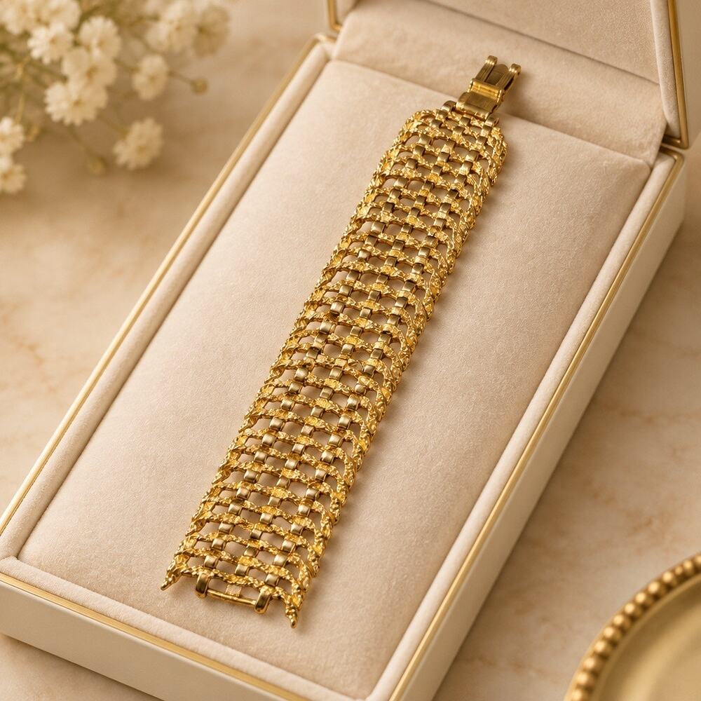 Vintage Heavy Gold Multi-Strand Mesh Gate Link Bracelet Textured Statement